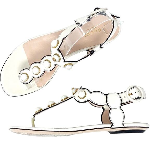 GUCCI DOUBLE GG PEARL LEATHER SANDALS SZ 36.5 - Picture 4 of 11